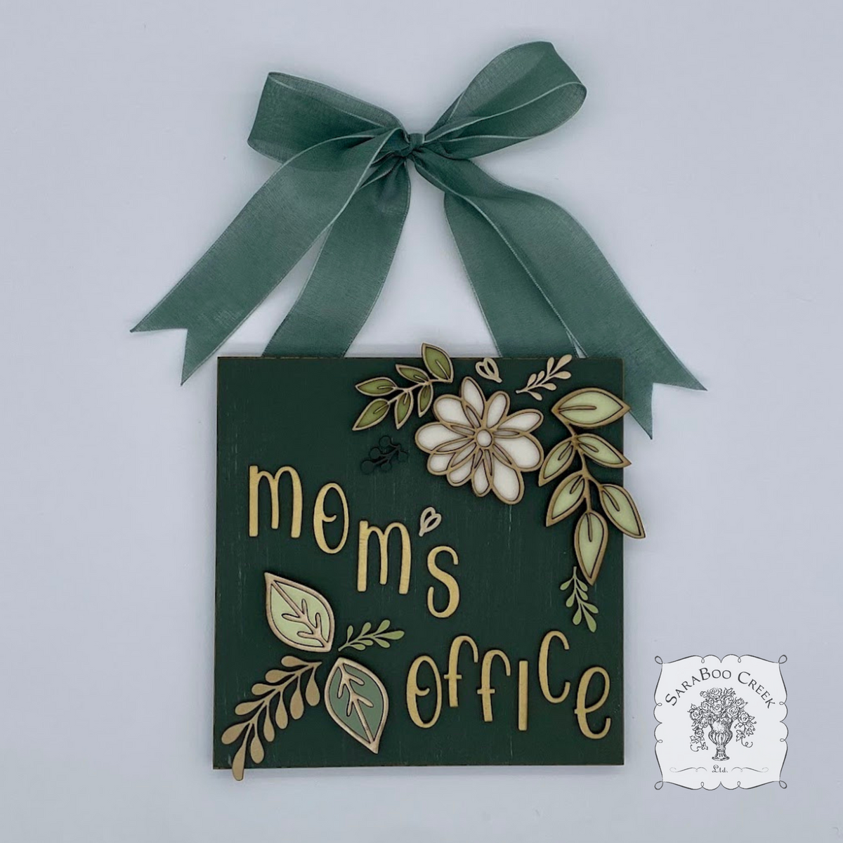 Custom Floral Daisy Sign Hung from Ribbon - Embellished w/ Handmade Layered Wood Flower & Leaves in Pastels w/ Gold Letters