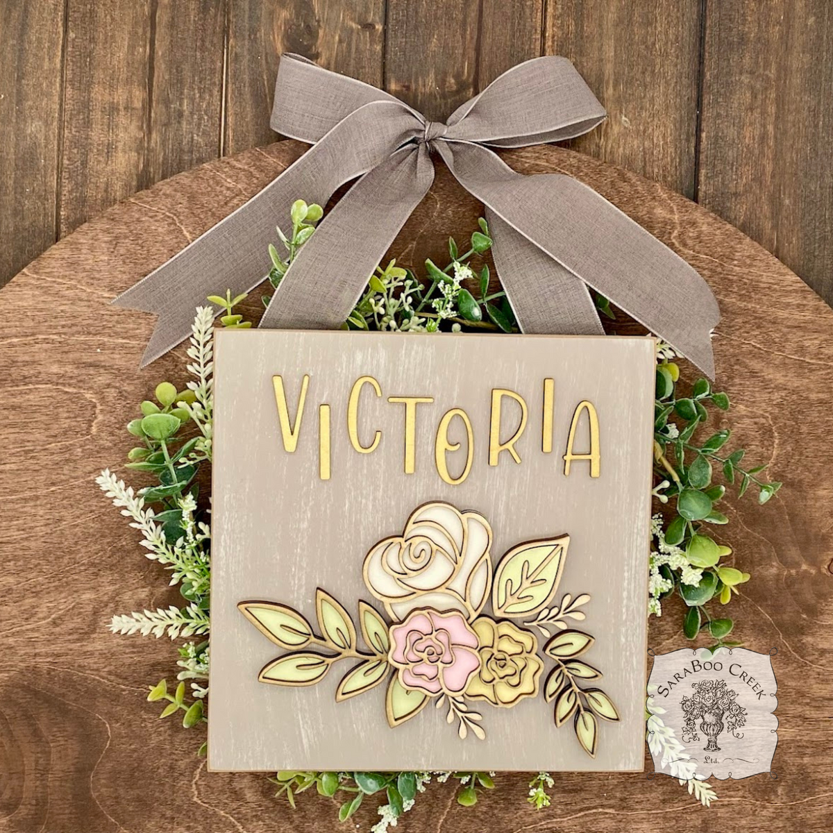 Personalized Rose Floral Plaque Hung from Ribbon - Embellished w/ Handmade Layered Wood Flowers & Leaves in Pastels w/ Gold Letters