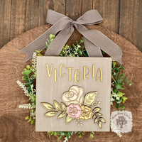 Personalized Rose Floral Plaque Hung from Ribbon - Embellished w/ Handmade Layered Wood Flowers & Leaves in Pastels w/ Gold Letters