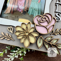 Personalized Floral Picture Frame for 4x6 Photo - Decorated w/ Layered Wood Flowers & Leaves in Pastels and Gold