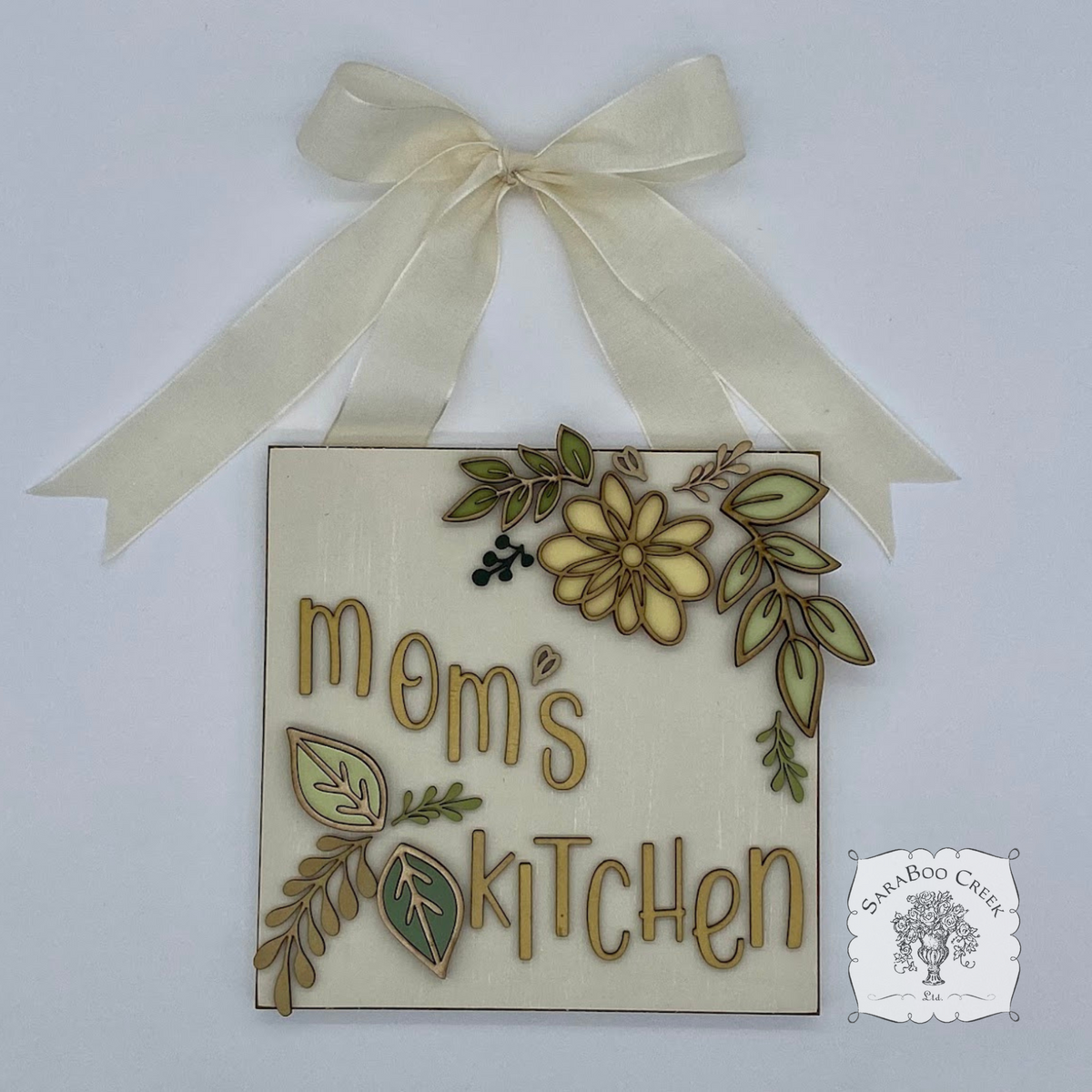 Custom Floral Daisy Sign Hung from Ribbon - Embellished w/ Handmade Layered Wood Flower & Leaves in Pastels w/ Gold Letters