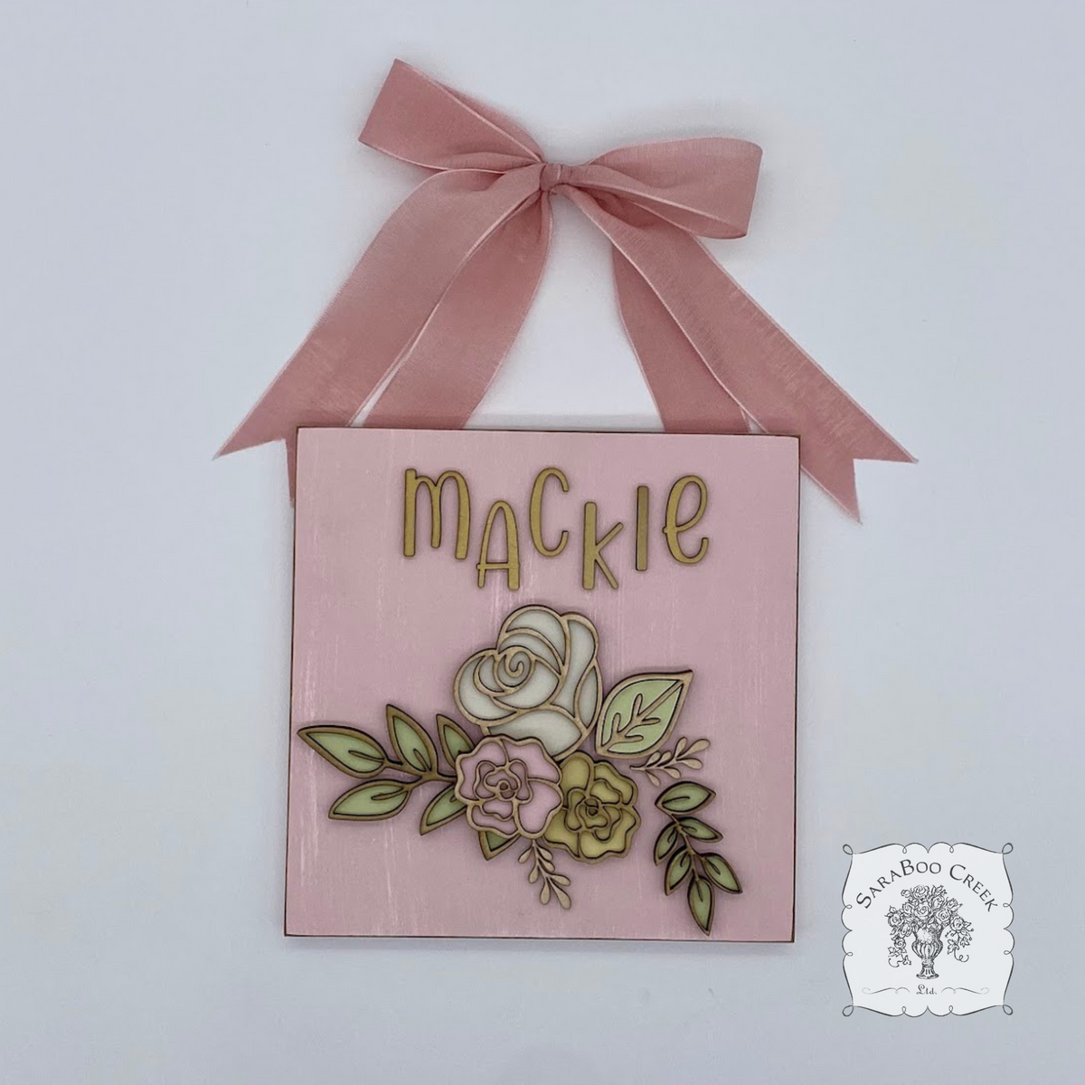 Personalized Rose Floral Plaque Hung from Ribbon - Embellished w/ Handmade Layered Wood Flowers & Leaves in Pastels w/ Gold Letters