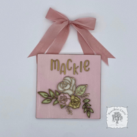 Personalized Rose Floral Plaque Hung from Ribbon - Embellished w/ Handmade Layered Wood Flowers & Leaves in Pastels w/ Gold Letters