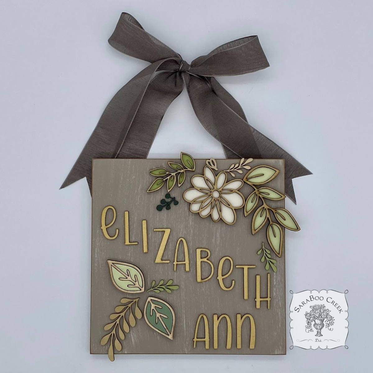 Custom Floral Daisy Sign Hung from Ribbon - Embellished w/ Handmade Layered Wood Flower & Leaves in Pastels w/ Gold Letters