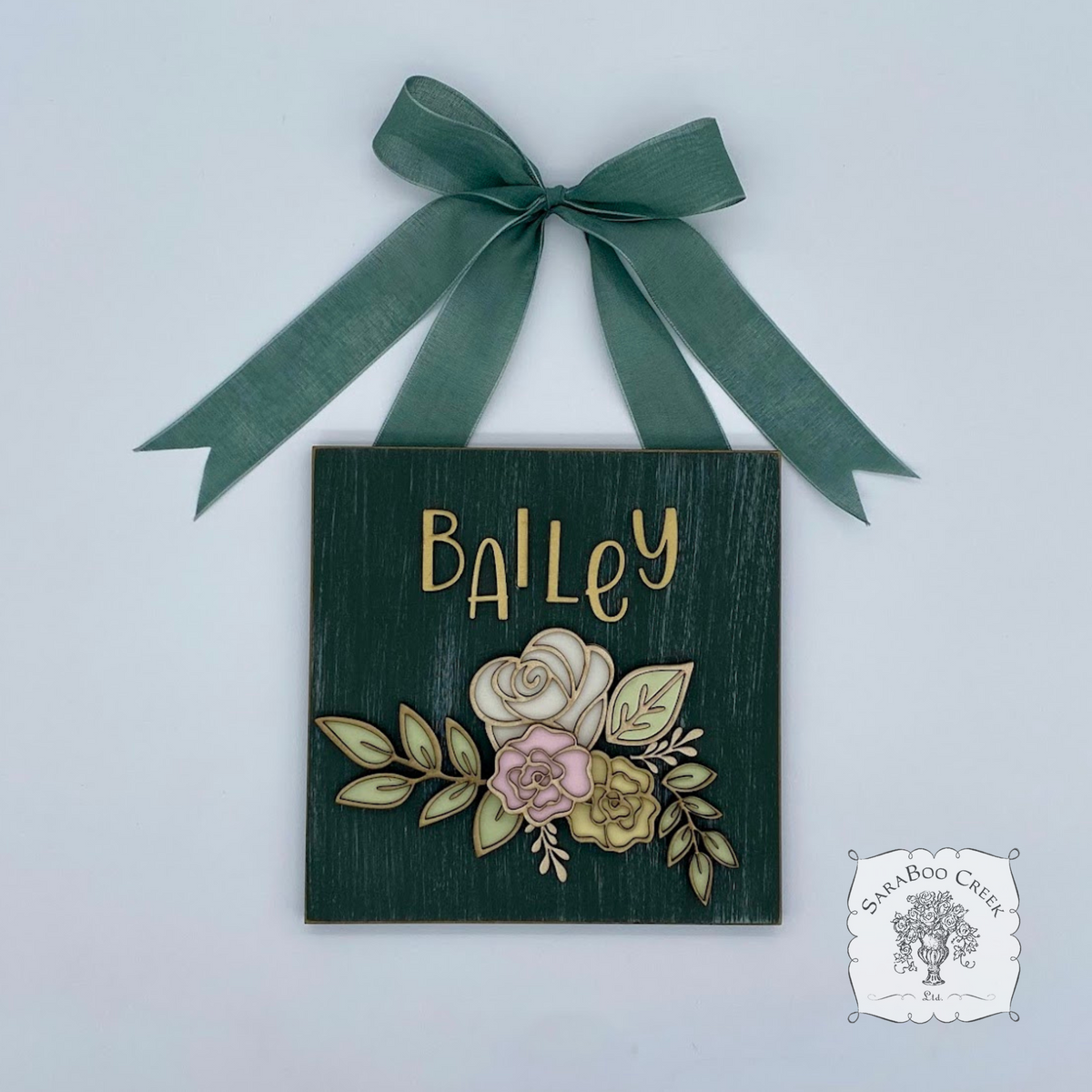 Personalized Rose Floral Plaque Hung from Ribbon - Embellished w/ Handmade Layered Wood Flowers & Leaves in Pastels w/ Gold Letters