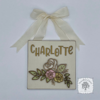 Personalized Rose Floral Plaque Hung from Ribbon - Embellished w/ Handmade Layered Wood Flowers & Leaves in Pastels w/ Gold Letters