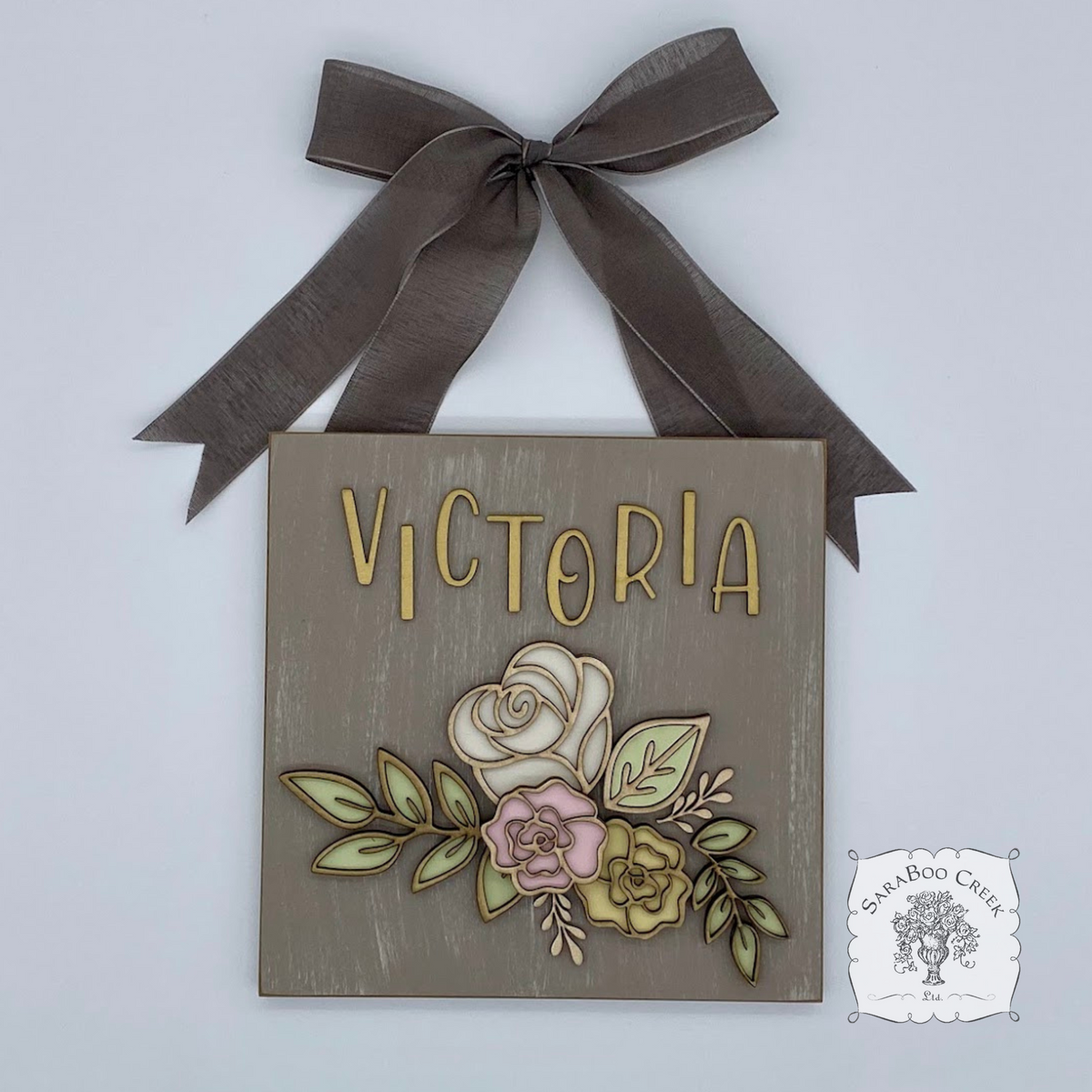 Personalized Rose Floral Plaque Hung from Ribbon - Embellished w/ Handmade Layered Wood Flowers & Leaves in Pastels w/ Gold Letters