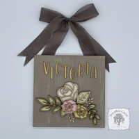 Personalized Rose Floral Plaque Hung from Ribbon - Embellished w/ Handmade Layered Wood Flowers & Leaves in Pastels w/ Gold Letters