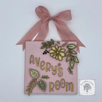 Custom Floral Daisy Sign Hung from Ribbon - Embellished w/ Handmade Layered Wood Flower & Leaves in Pastels w/ Gold Letters