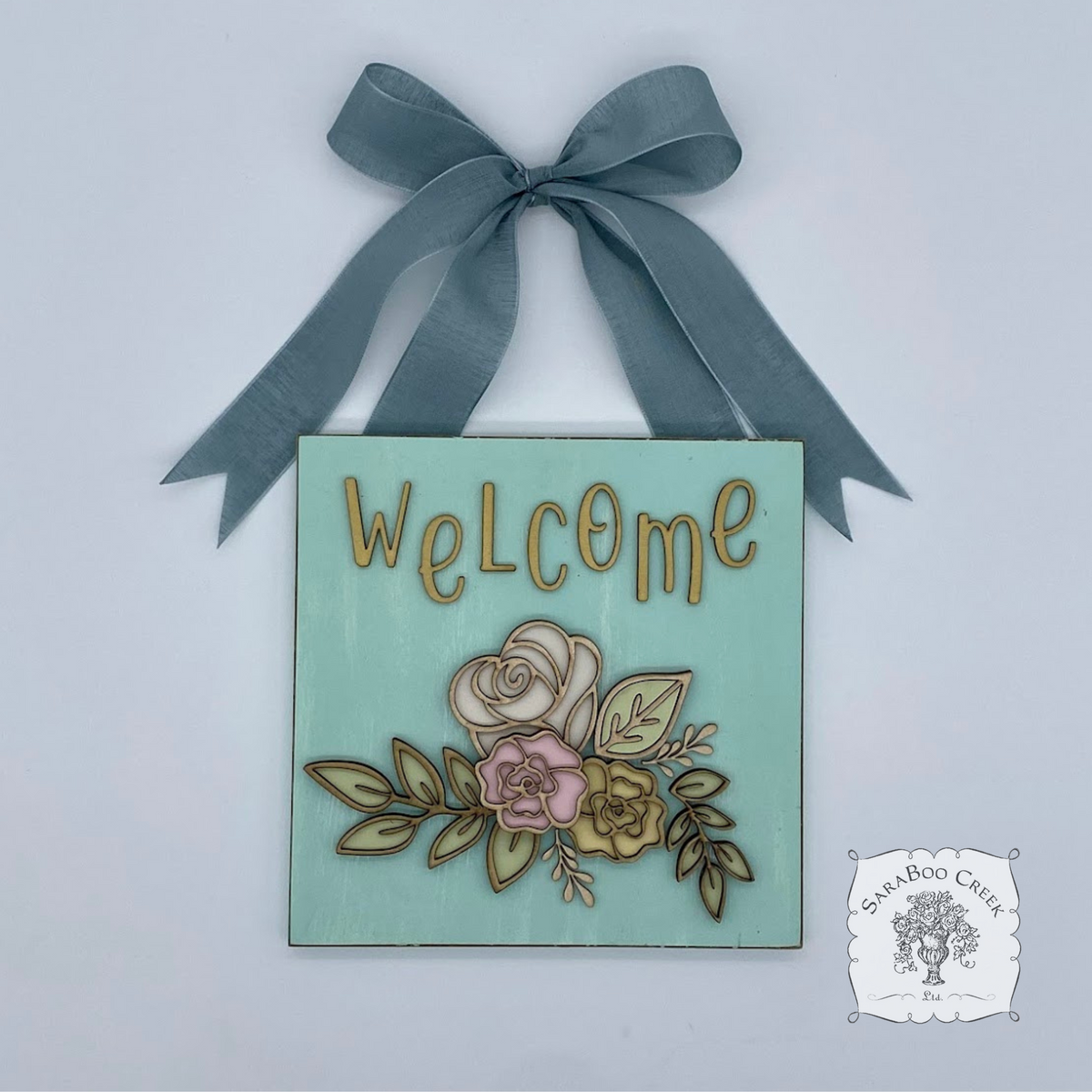 Personalized Rose Floral Plaque Hung from Ribbon - Embellished w/ Handmade Layered Wood Flowers & Leaves in Pastels w/ Gold Letters