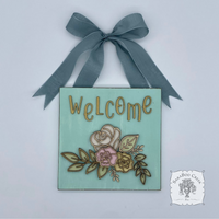 Personalized Rose Floral Plaque Hung from Ribbon - Embellished w/ Handmade Layered Wood Flowers & Leaves in Pastels w/ Gold Letters
