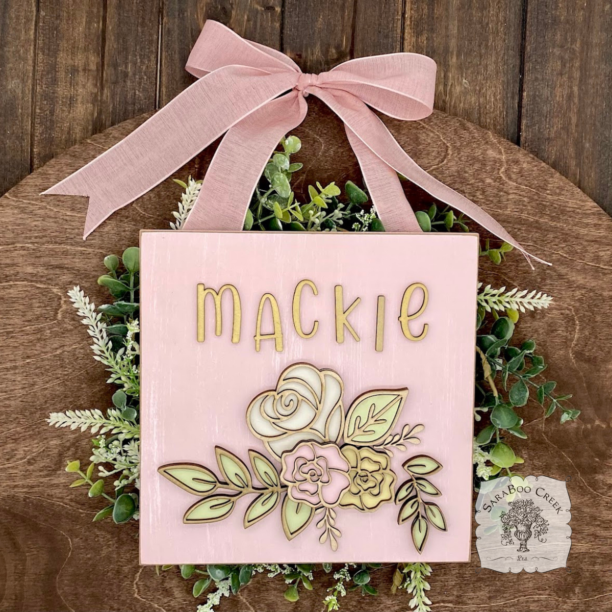 Personalized Rose Floral Plaque Hung from Ribbon - Embellished w/ Handmade Layered Wood Flowers & Leaves in Pastels w/ Gold Letters