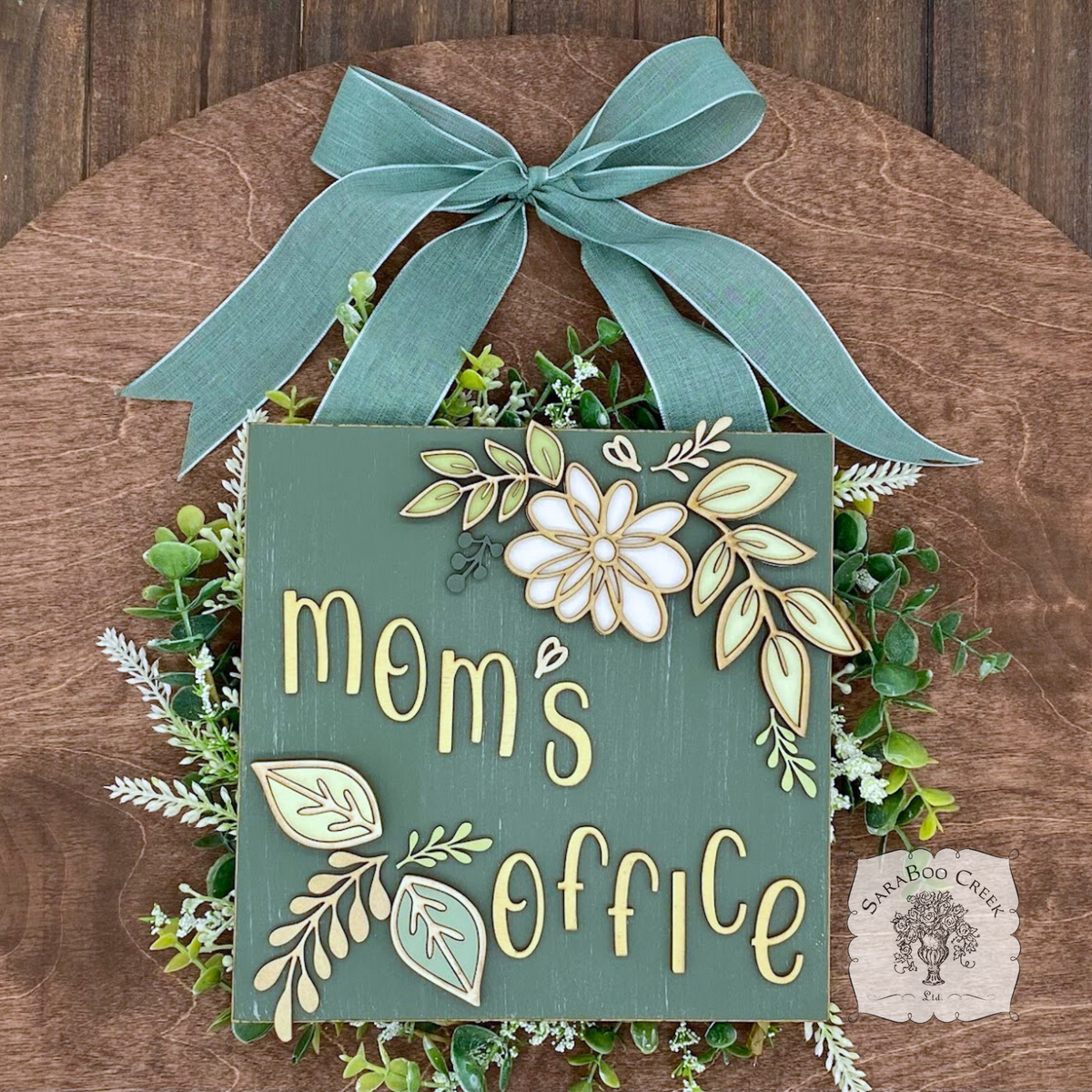 Custom Floral Daisy Sign Hung from Ribbon - Embellished w/ Handmade Layered Wood Flower & Leaves in Pastels w/ Gold Letters
