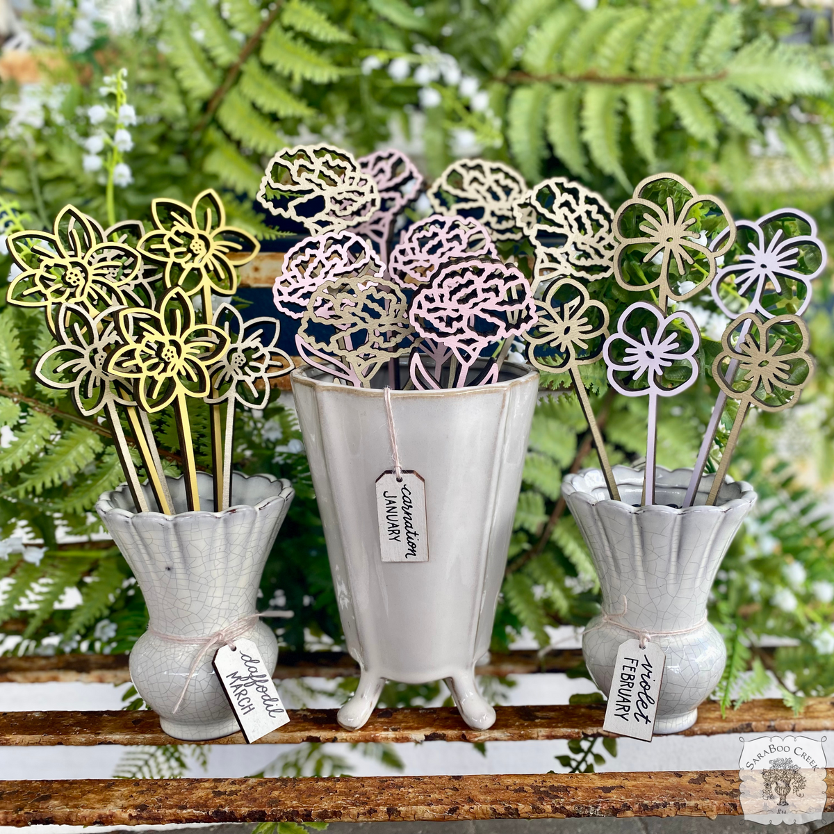 Flower of the Month Wood Plant Marker Picks - Birth Month Plant Stake Pokes w/ Brushed Gold 1 side, Color the other side