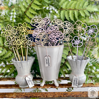 Flower of the Month Wood Plant Marker Picks - Birth Month Plant Stake Pokes w/ Brushed Gold 1 side, Color the other side