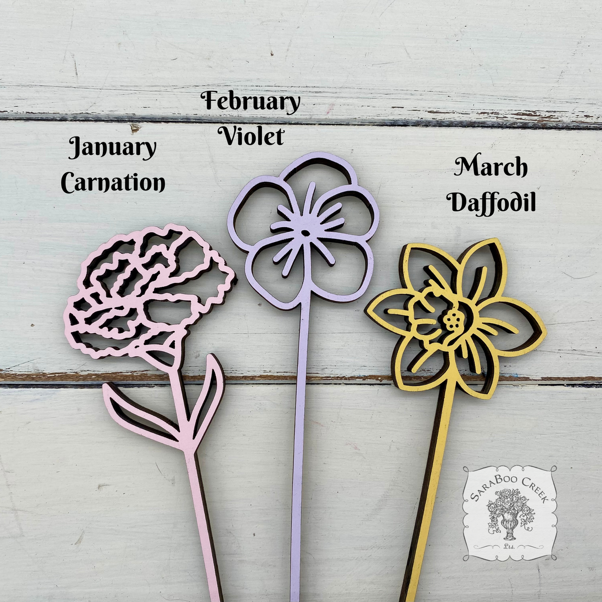Flower of the Month Wood Plant Marker Picks - Birth Month Plant Stake Pokes w/ Brushed Gold 1 side, Color the other side