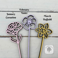 Flower of the Month Wood Plant Marker Picks - Birth Month Plant Stake Pokes w/ Brushed Gold 1 side, Color the other side