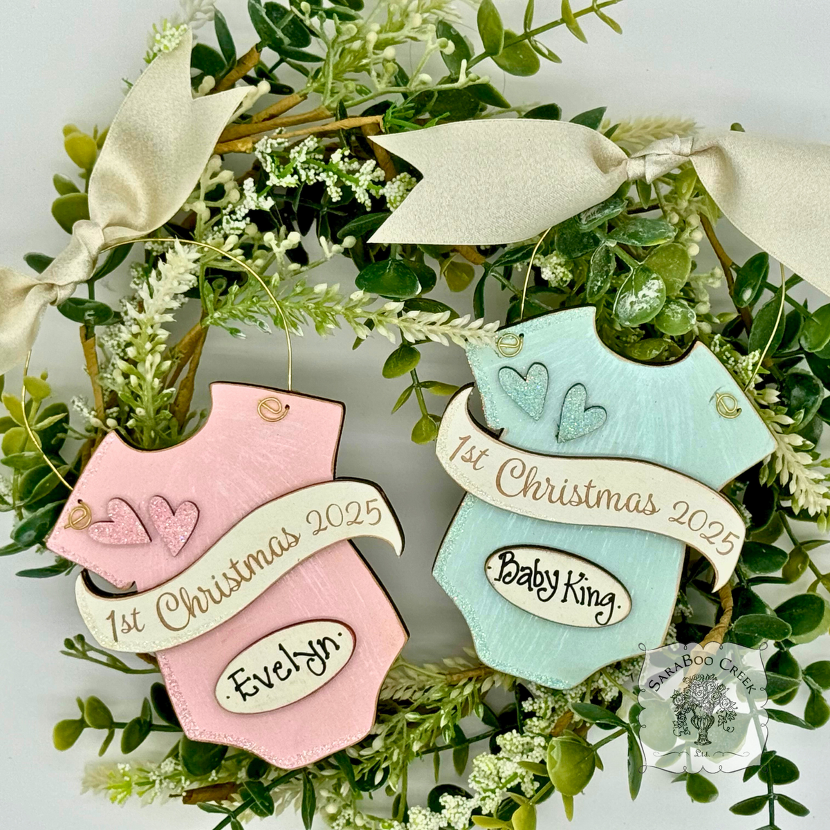 Baby's 1st Christmas Pink or Blue Onesie Ornament - Personalized First Christmas Gift for Baby Boy or Girl