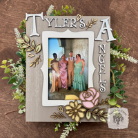 Personalized Floral Picture Frame for 4x6 Photo - Decorated w/ Layered Wood Flowers & Leaves in Pastels and Gold