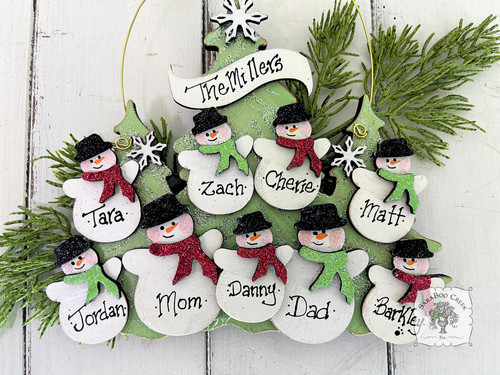 Family or Grandparent Christmas Ornament w/ 2-9 Personalized Snowmen of Handmade Layered Wood