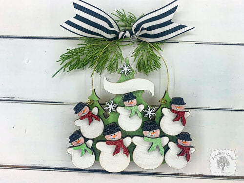 Family or Grandparent Christmas Ornament w/ 2-9 Personalized Snowmen of Handmade Layered Wood