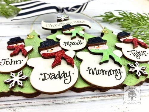 Family or Grandparent Christmas Ornament w/ 2-9 Personalized Snowmen of Handmade Layered Wood