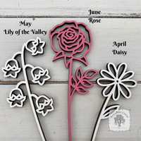 Flower of the Month Wood Plant Marker Picks - Birth Month Plant Stake Pokes w/ Brushed Gold 1 side, Color the other side
