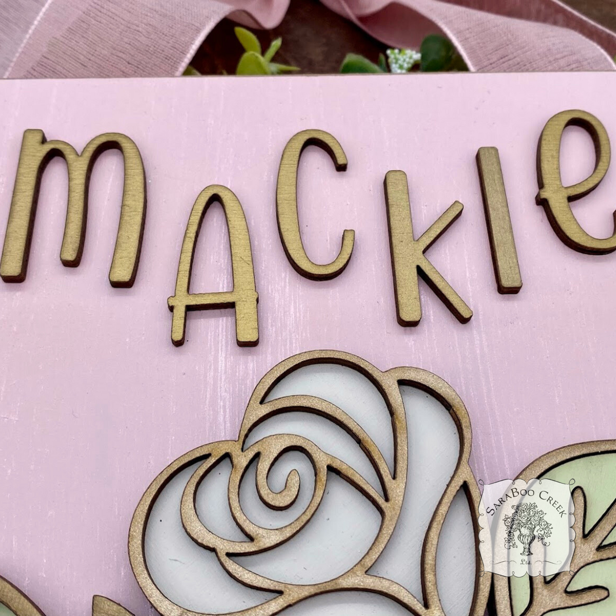 Personalized Rose Floral Plaque Hung from Ribbon - Embellished w/ Handmade Layered Wood Flowers & Leaves in Pastels w/ Gold Letters