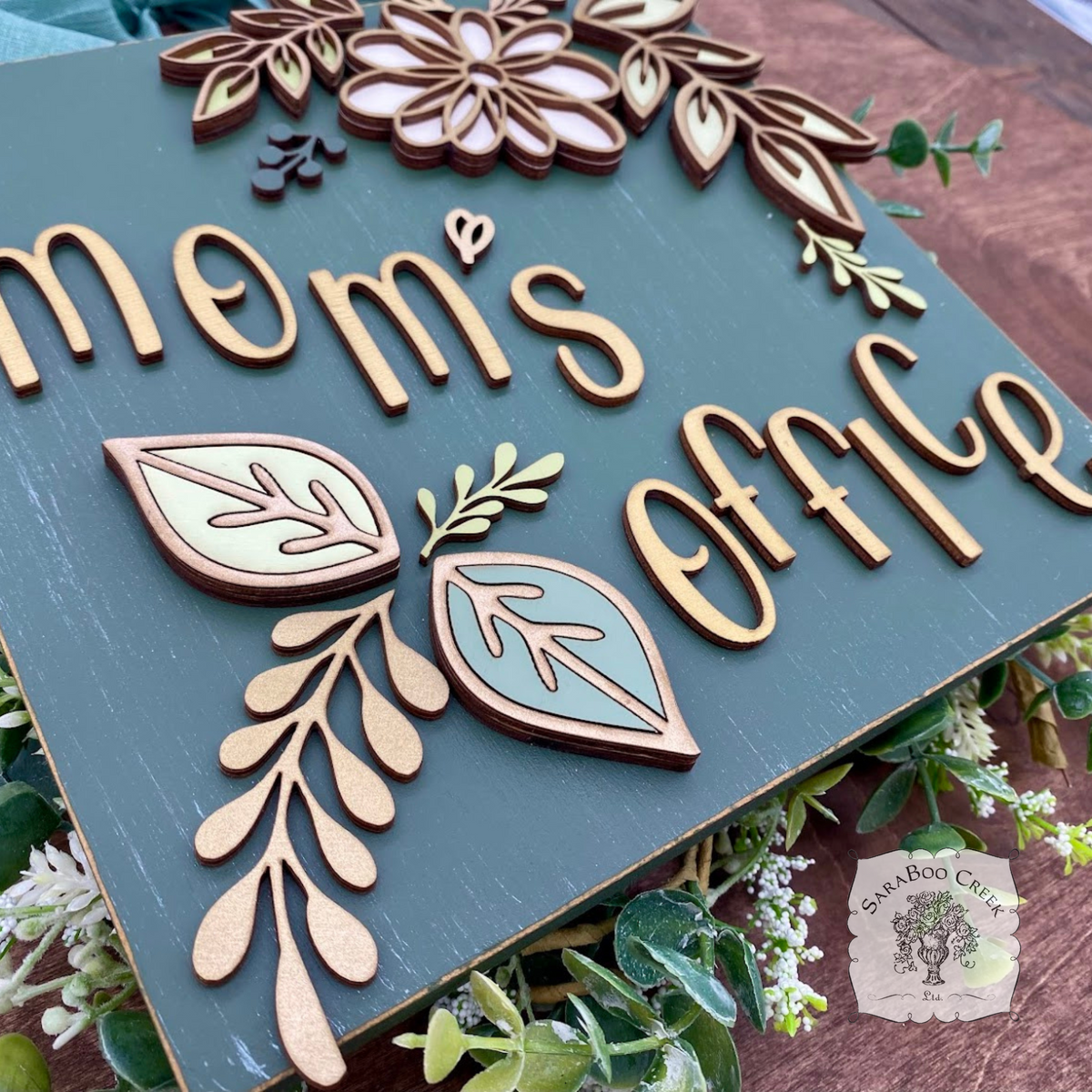 Custom Floral Daisy Sign Hung from Ribbon - Embellished w/ Handmade Layered Wood Flower & Leaves in Pastels w/ Gold Letters
