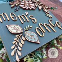 Custom Floral Daisy Sign Hung from Ribbon - Embellished w/ Handmade Layered Wood Flower & Leaves in Pastels w/ Gold Letters