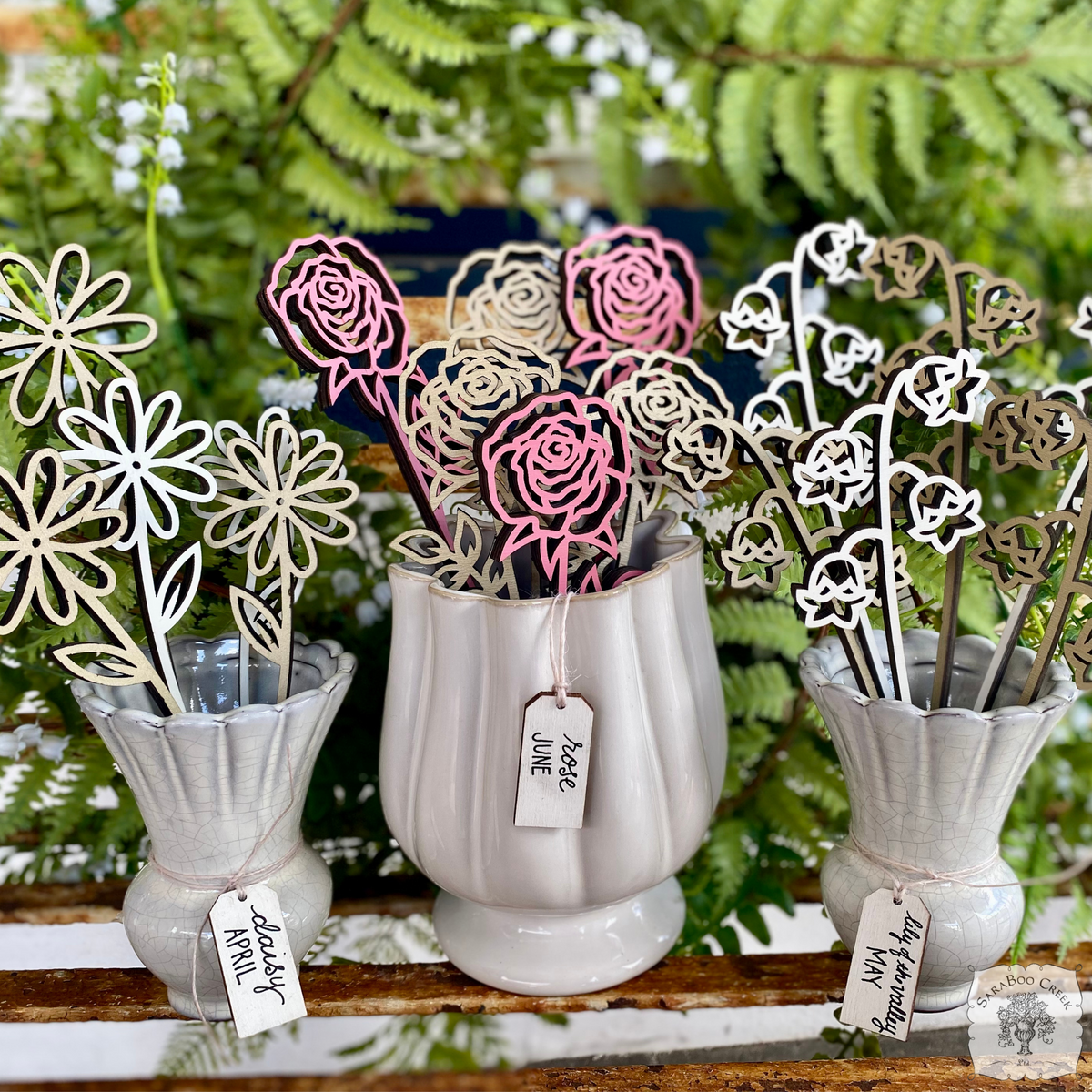 Flower of the Month Wood Plant Marker Picks - Birth Month Plant Stake Pokes w/ Brushed Gold 1 side, Color the other side