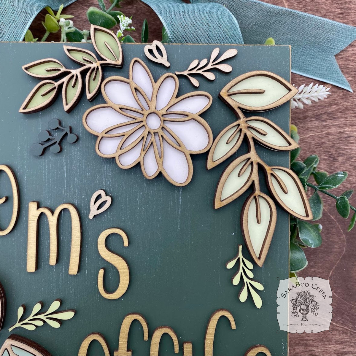Custom Floral Daisy Sign Hung from Ribbon - Embellished w/ Handmade Layered Wood Flower & Leaves in Pastels w/ Gold Letters