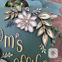 Custom Floral Daisy Sign Hung from Ribbon - Embellished w/ Handmade Layered Wood Flower & Leaves in Pastels w/ Gold Letters