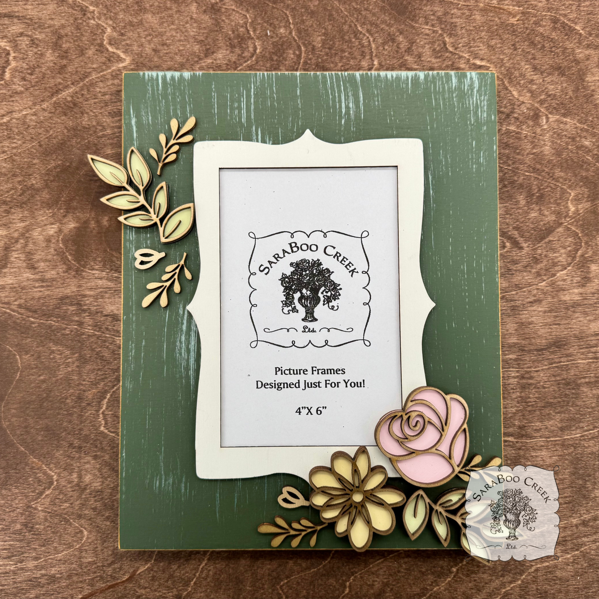 Personalized Floral Picture Frame for 4x6 Photo - Decorated w/ Layered Wood Flowers & Leaves in Pastels and Gold