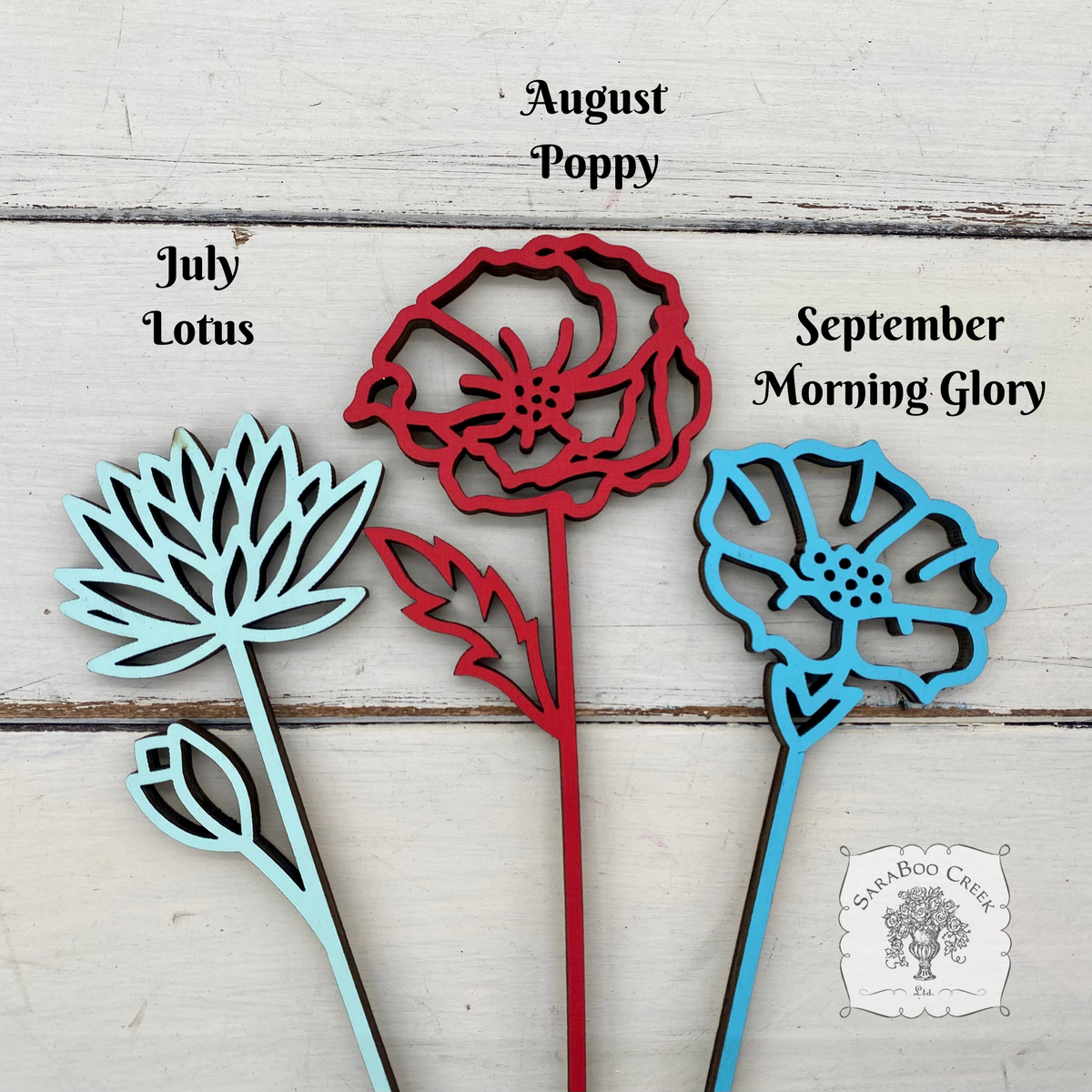 Flower of the Month Wood Plant Marker Picks - Birth Month Plant Stake Pokes w/ Brushed Gold 1 side, Color the other side