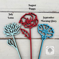 Flower of the Month Wood Plant Marker Picks - Birth Month Plant Stake Pokes w/ Brushed Gold 1 side, Color the other side