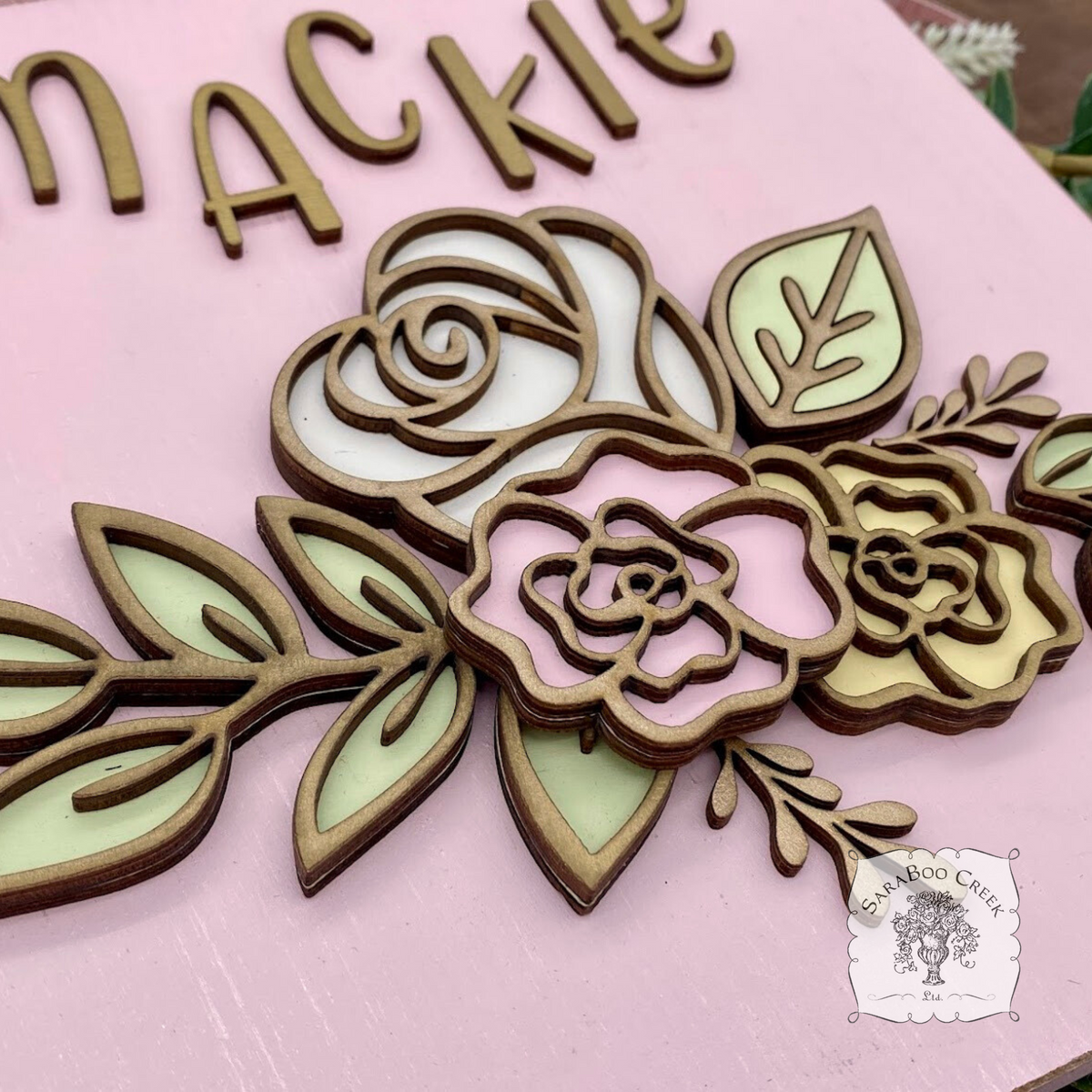 Personalized Rose Floral Plaque Hung from Ribbon - Embellished w/ Handmade Layered Wood Flowers & Leaves in Pastels w/ Gold Letters