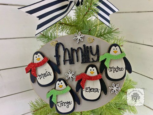 Penguin Family Ornament with 4 Penguins - Personalized Handmade Wood Christmas Gift for Family of Four, 4 Children or Grandkids