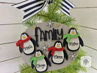Penguin Family Ornament with 4 Penguins - Personalized Handmade Wood Christmas Gift for Family of Four, 4 Children or Grandkids