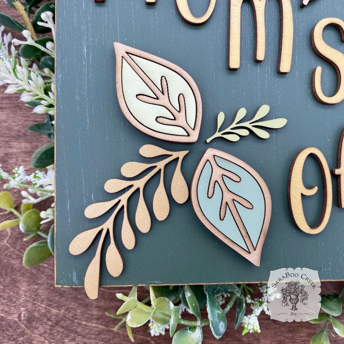 Custom Floral Daisy Sign Hung from Ribbon - Embellished w/ Handmade Layered Wood Flower & Leaves in Pastels w/ Gold Letters