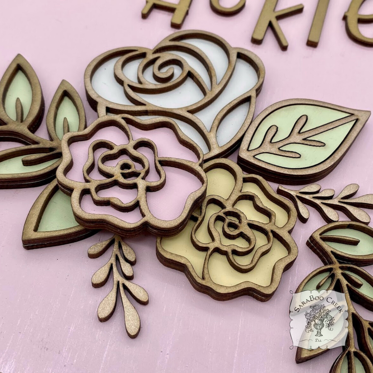 Personalized Rose Floral Plaque Hung from Ribbon - Embellished w/ Handmade Layered Wood Flowers & Leaves in Pastels w/ Gold Letters