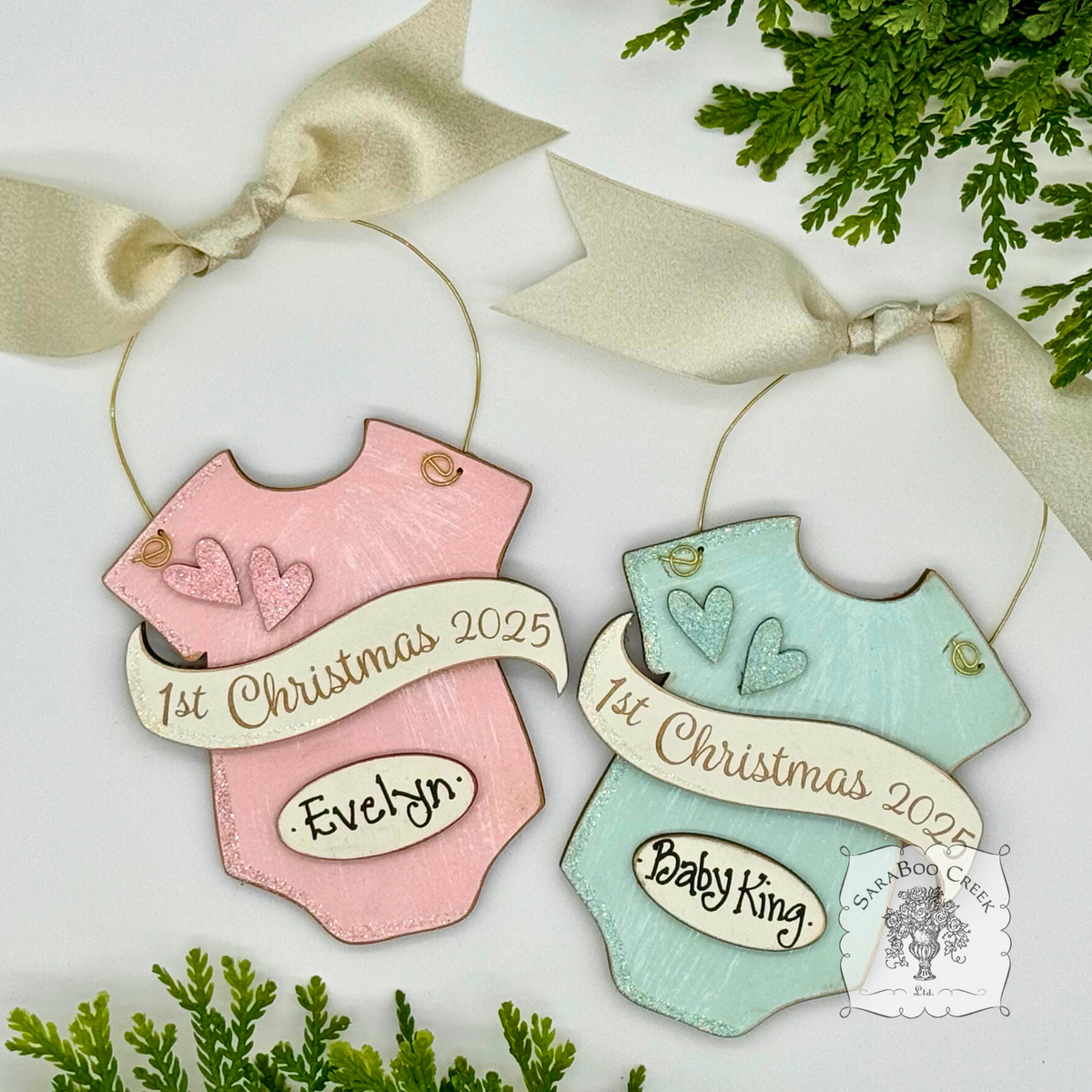 Baby's 1st Christmas Pink or Blue Onesie Ornament - Personalized First Christmas Gift for Baby Boy or Girl