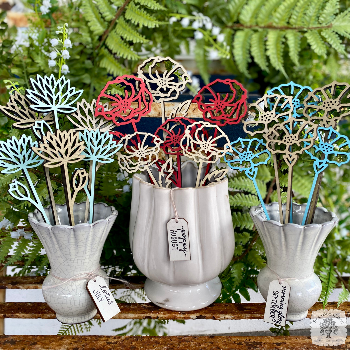 Flower of the Month Wood Plant Marker Picks - Birth Month Plant Stake Pokes w/ Brushed Gold 1 side, Color the other side