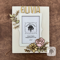 Personalized Floral Picture Frame for 4x6 Photo - Decorated w/ Layered Wood Flowers & Leaves in Pastels and Gold