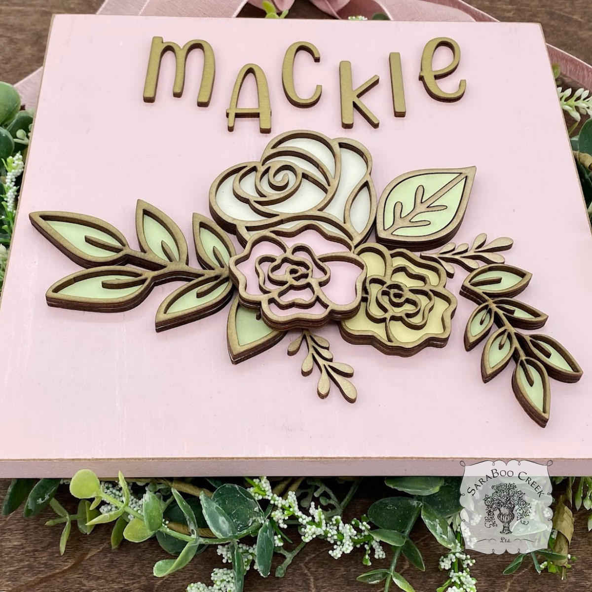 Personalized Rose Floral Plaque Hung from Ribbon - Embellished w/ Handmade Layered Wood Flowers & Leaves in Pastels w/ Gold Letters