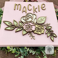 Personalized Rose Floral Plaque Hung from Ribbon - Embellished w/ Handmade Layered Wood Flowers & Leaves in Pastels w/ Gold Letters