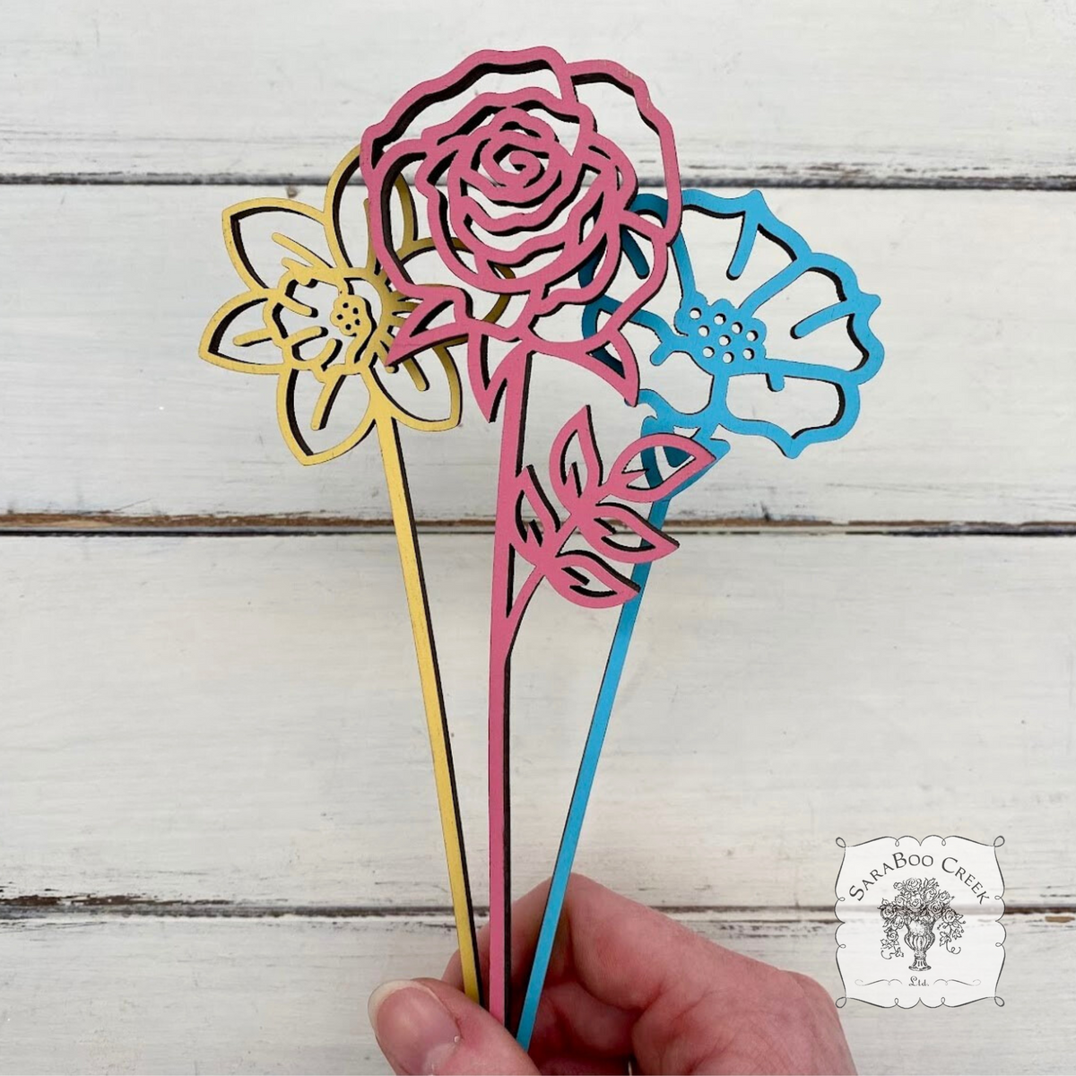 Flower of the Month Wood Plant Marker Picks - Birth Month Plant Stake Pokes w/ Brushed Gold 1 side, Color the other side