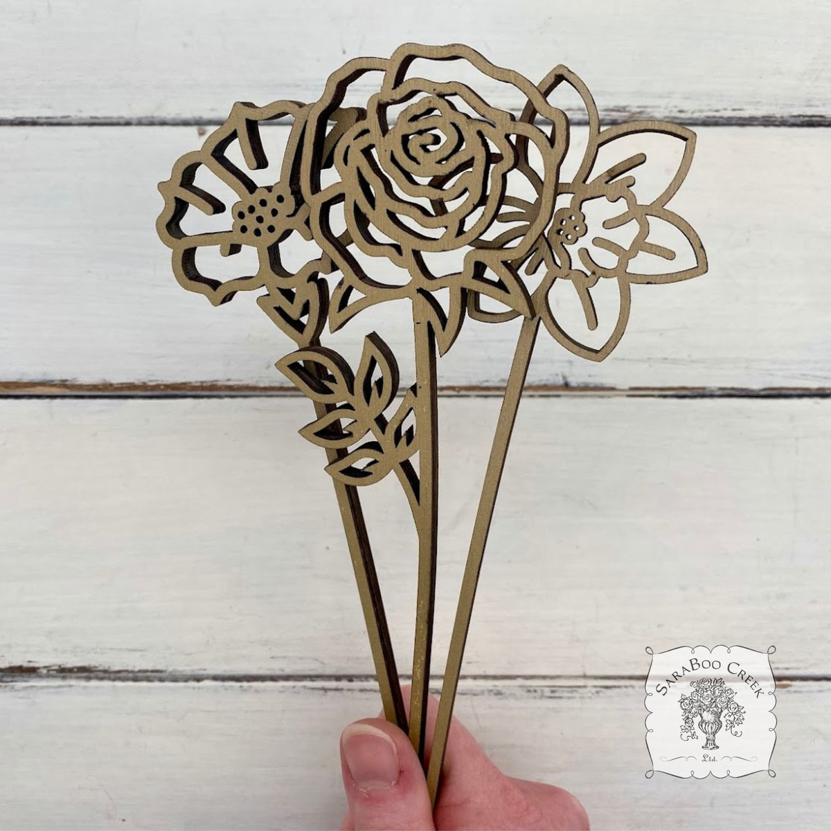 Flower of the Month Wood Plant Marker Picks - Birth Month Plant Stake Pokes w/ Brushed Gold 1 side, Color the other side