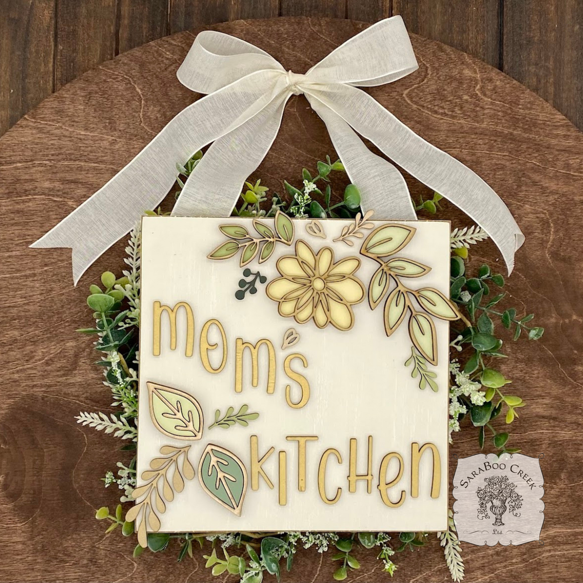 Custom Floral Daisy Sign Hung from Ribbon - Embellished w/ Handmade Layered Wood Flower & Leaves in Pastels w/ Gold Letters