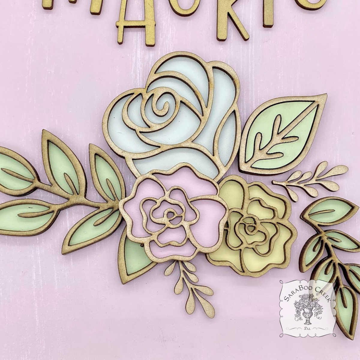 Personalized Rose Floral Plaque Hung from Ribbon - Embellished w/ Handmade Layered Wood Flowers & Leaves in Pastels w/ Gold Letters